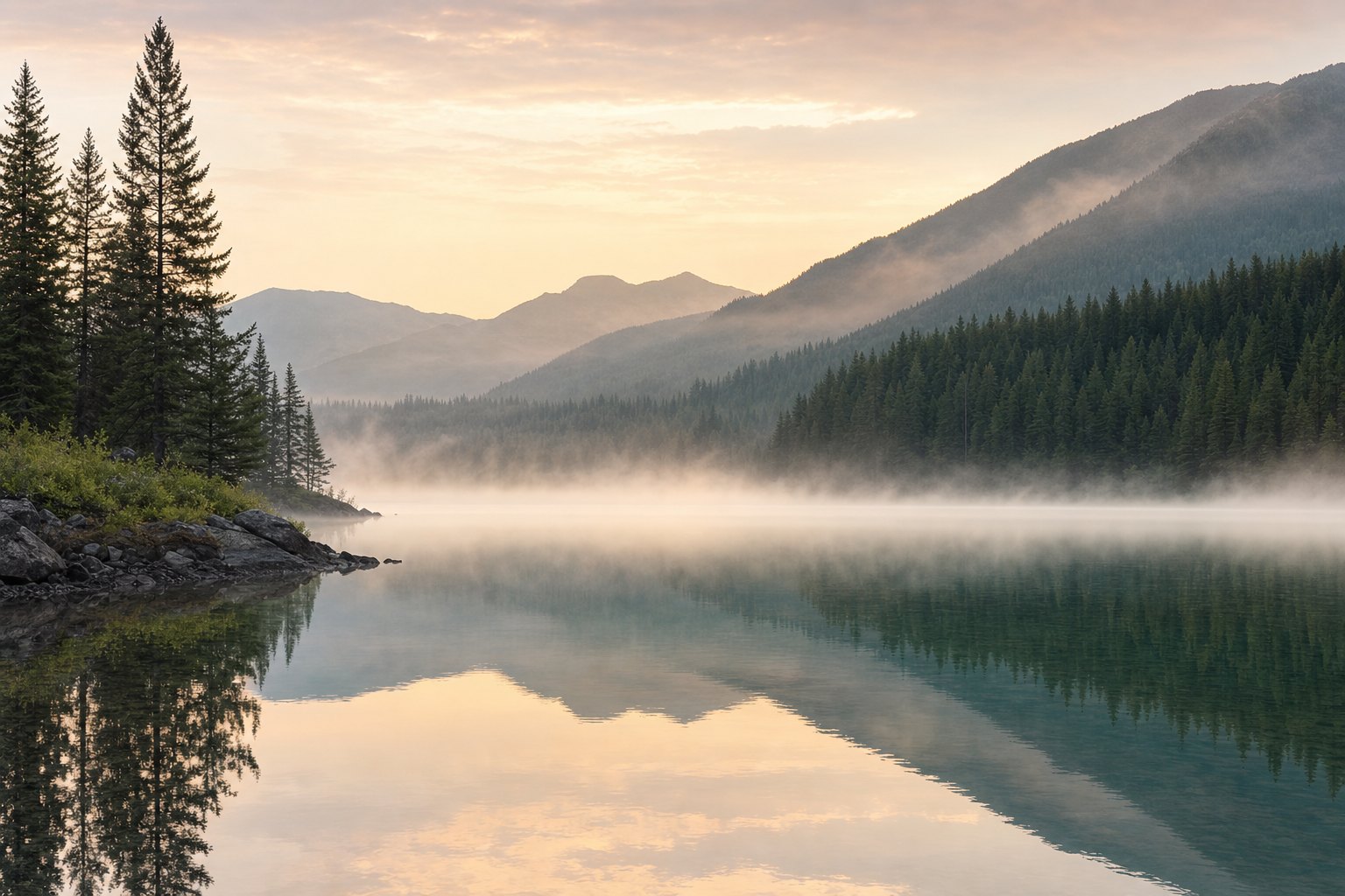 Misty mountain lake at sunrise