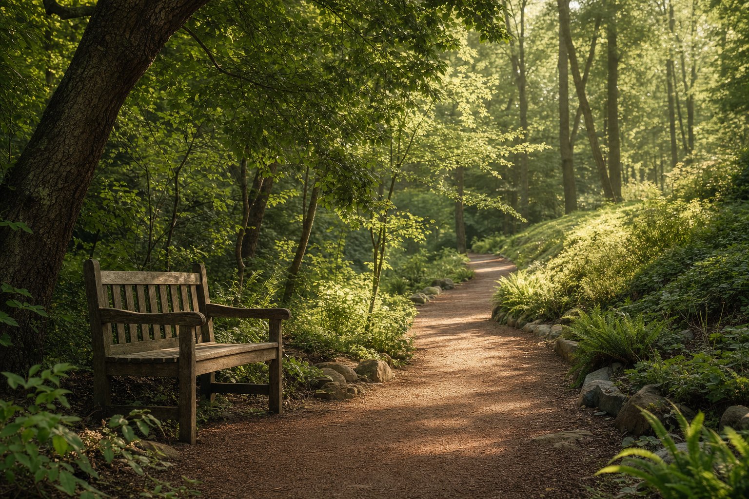 Sunlit woodland grove with a bench beside a path