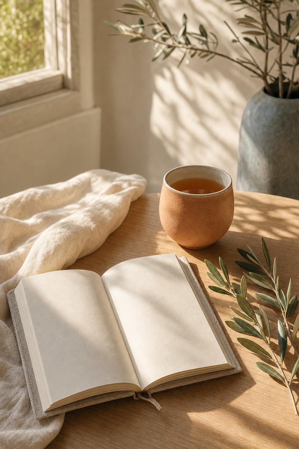 Journal, tea, and an olive branch in warm morning light