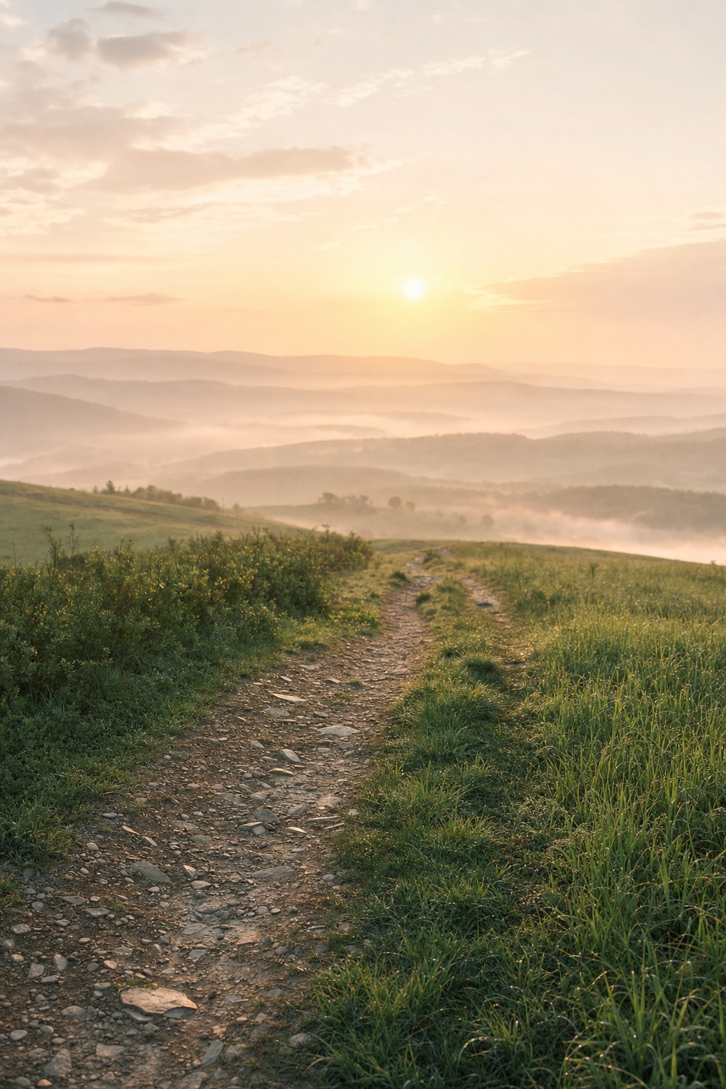 Sunrise over a peaceful path through the hills