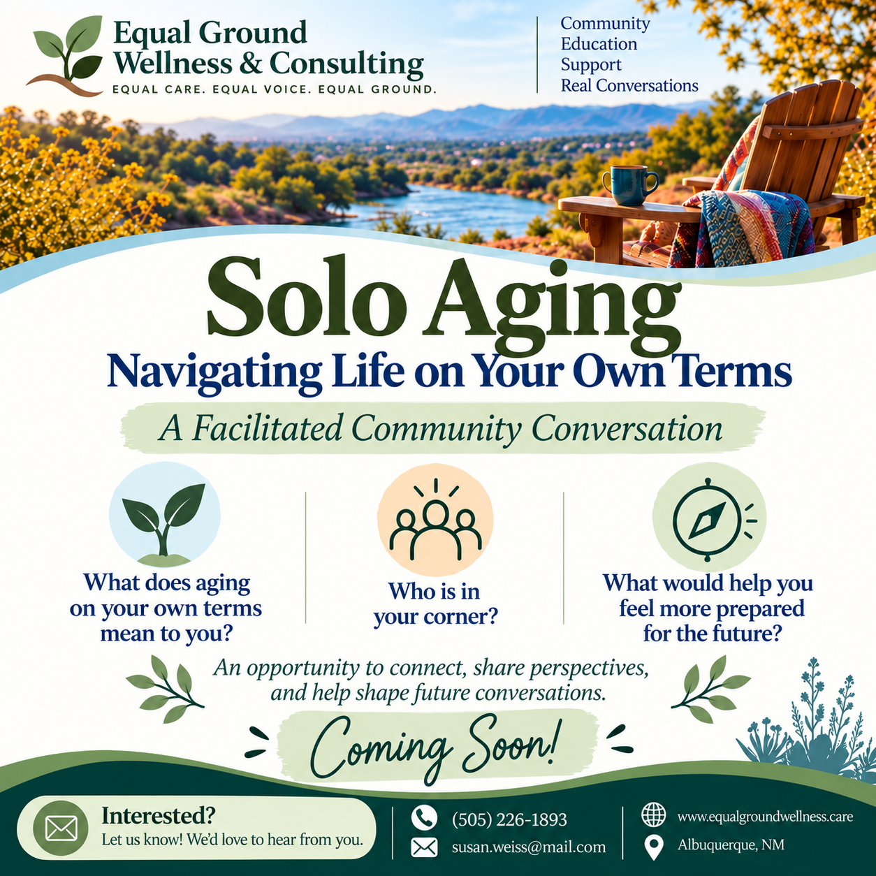 Solo Aging community conversation flyer with a riverside chair, mountains, and illustrations of growth, connection, and direction. Event details and discussion questions are provided as text on this page.
