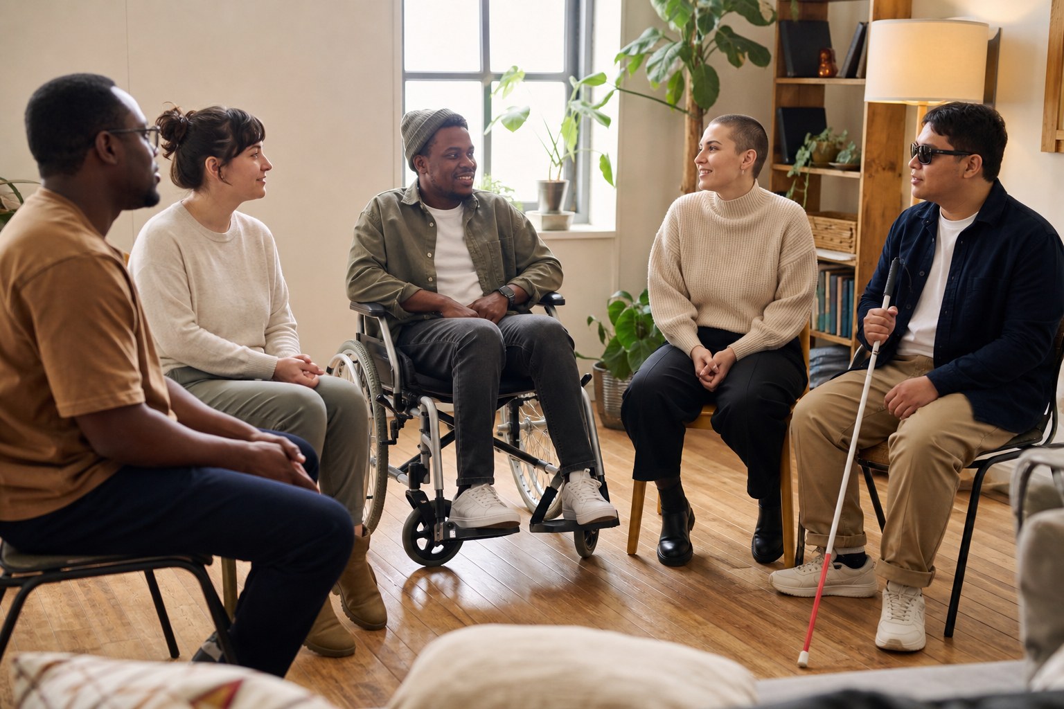 A diverse group of adults with disabilities talking together in a circle, including a wheelchair user and a person using a white cane