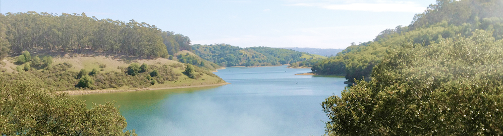 A calm lake framed by green hills and trees
