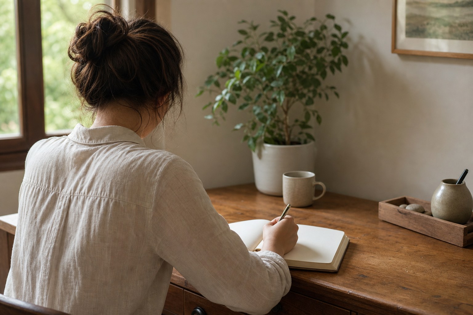 A person seen from behind writing in an open journal at a sunlit wooden desk