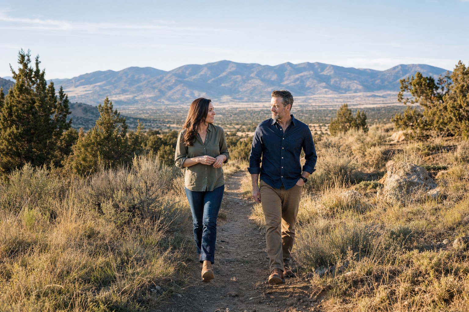 Two people walking together on a high-desert trail