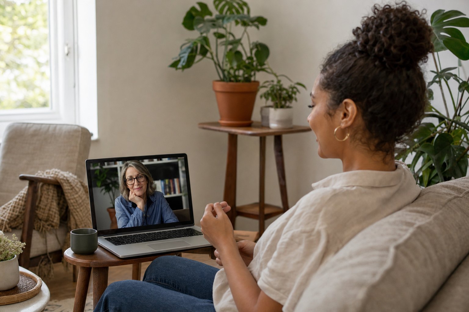 A client talking with a therapist during a remote session