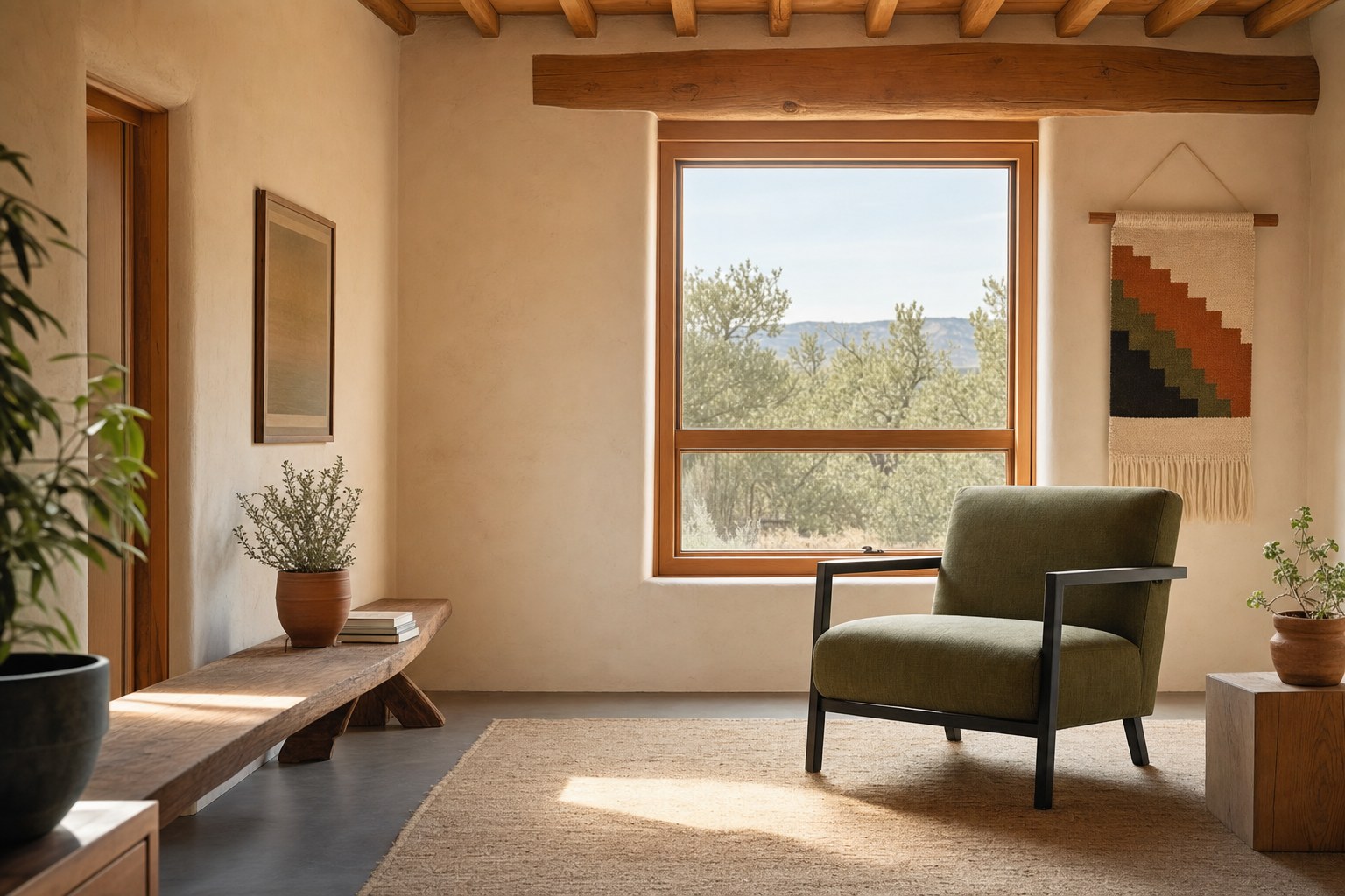 A welcoming therapy room with an olive chair and warm natural light
