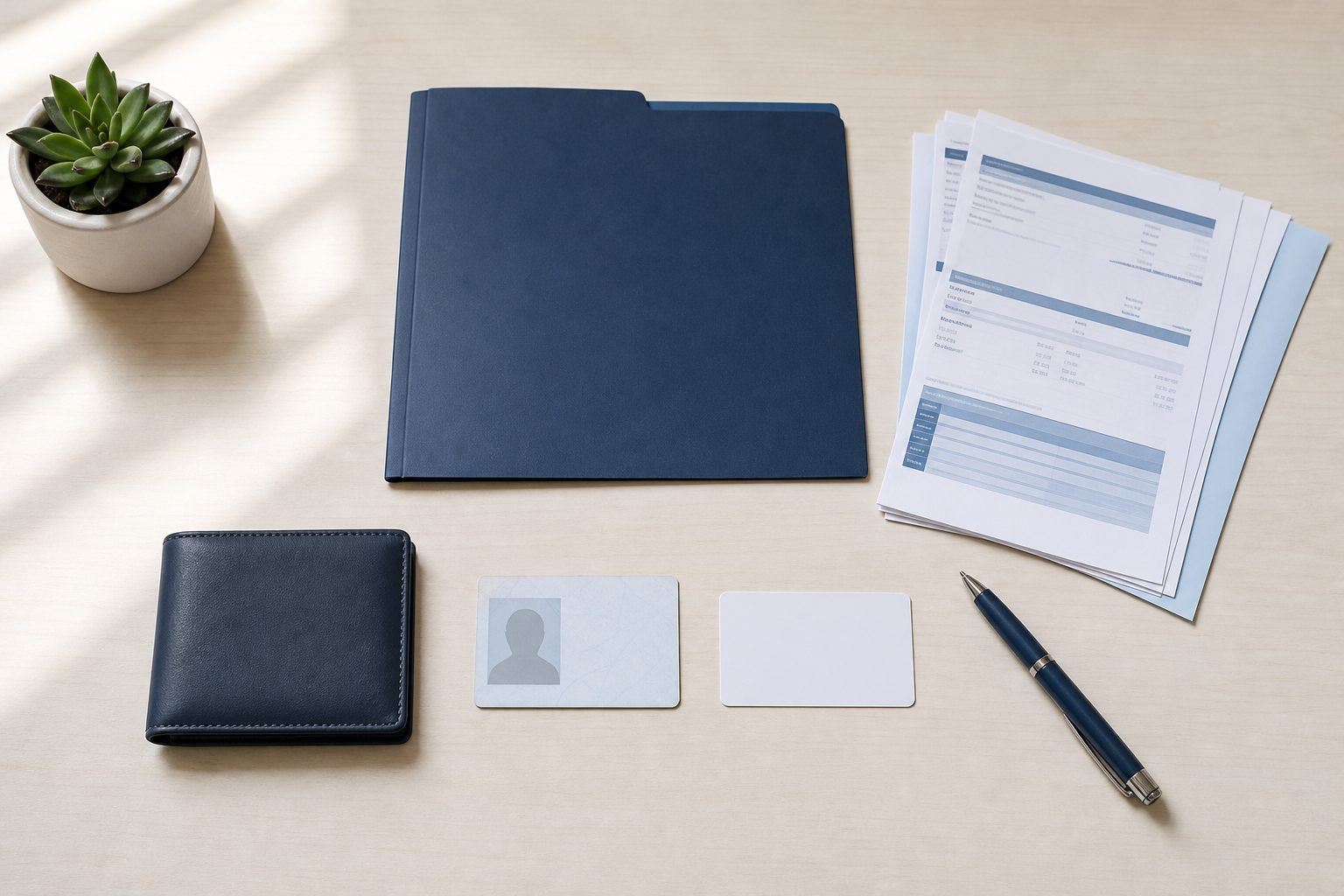 Identification, a folder, a pen, and organized financial papers on a desk