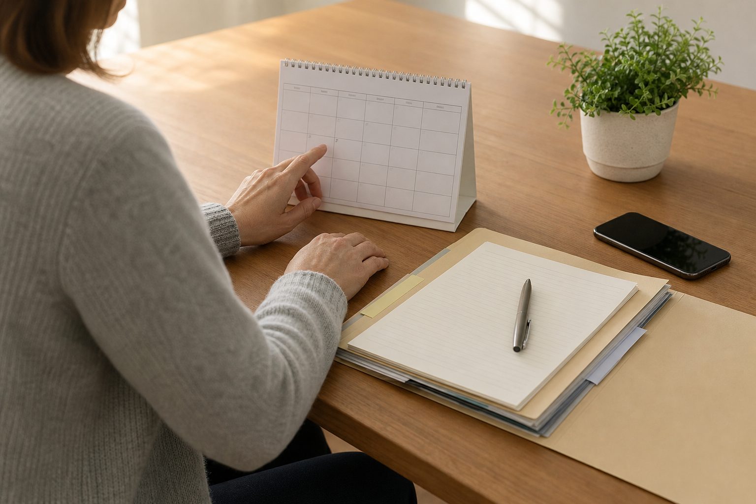 Person reviewing a calendar and organized folder after a meeting