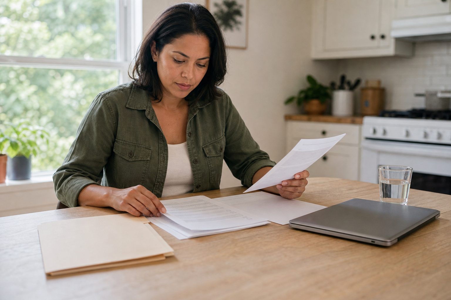 Person reviewing organized paperwork at a kitchen table
