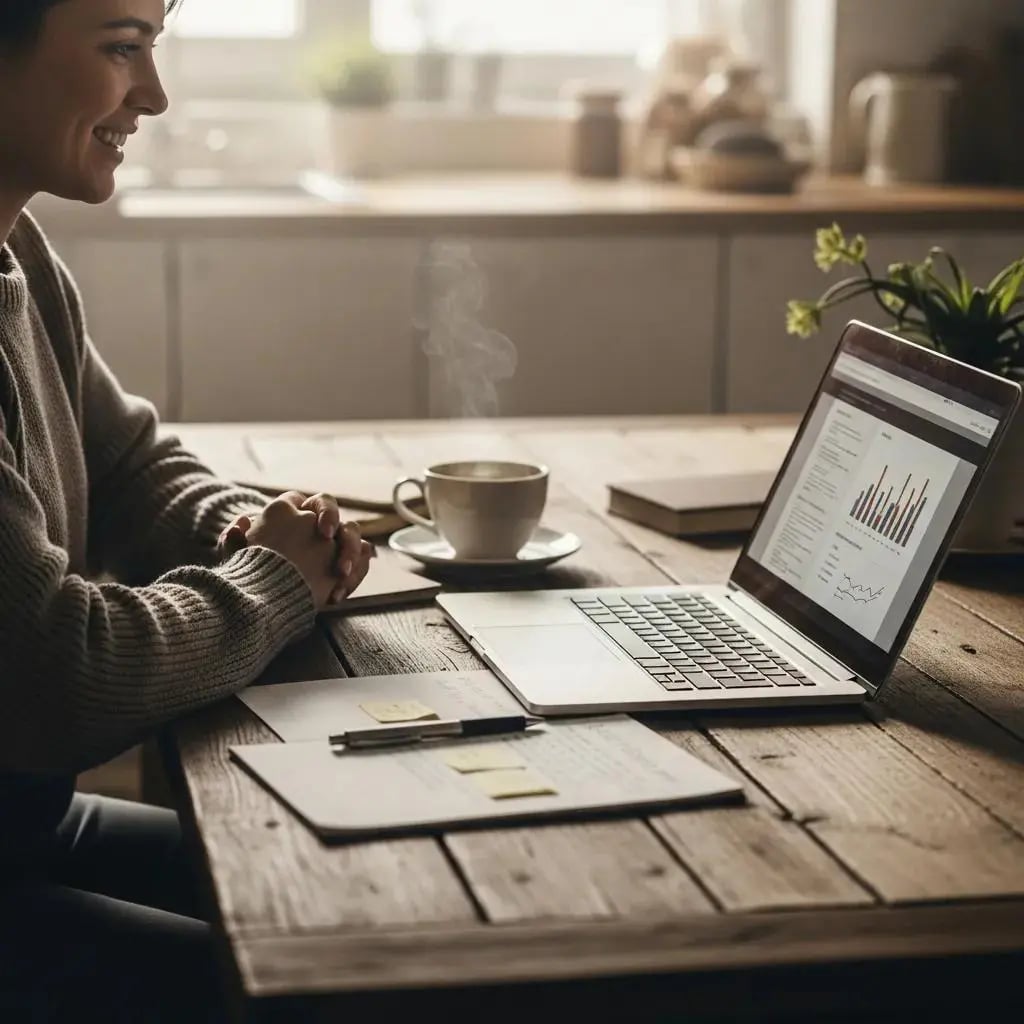 Person sitting at a wooden table with a laptop displaying financial charts, a steaming cup of coffee, and notepads, illustrating the process of assessing bankruptcy options.