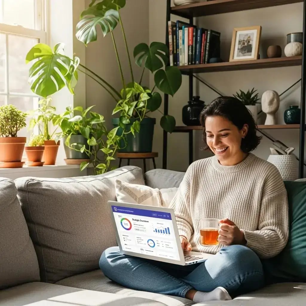 Woman sitting on a couch with a laptop displaying budget overview, smiling while holding a cup of tea, surrounded by indoor plants, illustrating financial assessment and planning.