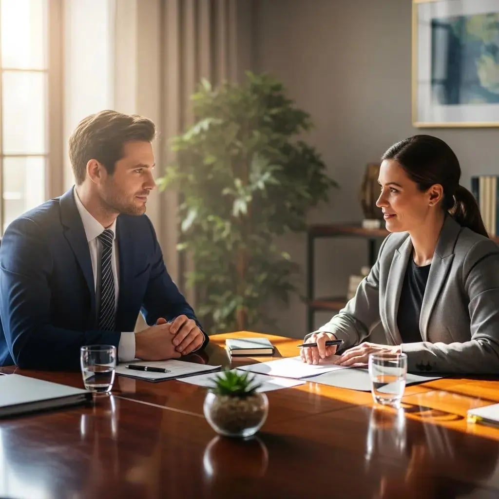 Professional negotiation scene illustrating debt settlement discussions between a debtor and creditor