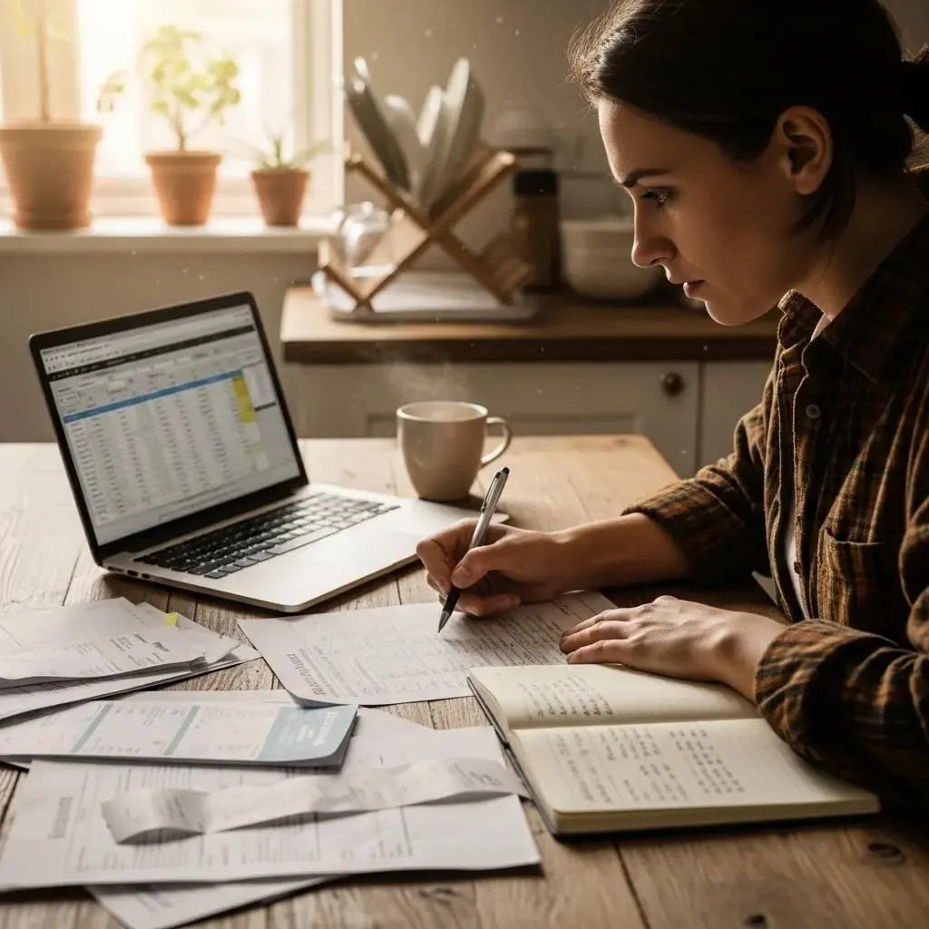 Individual calculating Chapter 13 repayment plan at a kitchen table with financial documents