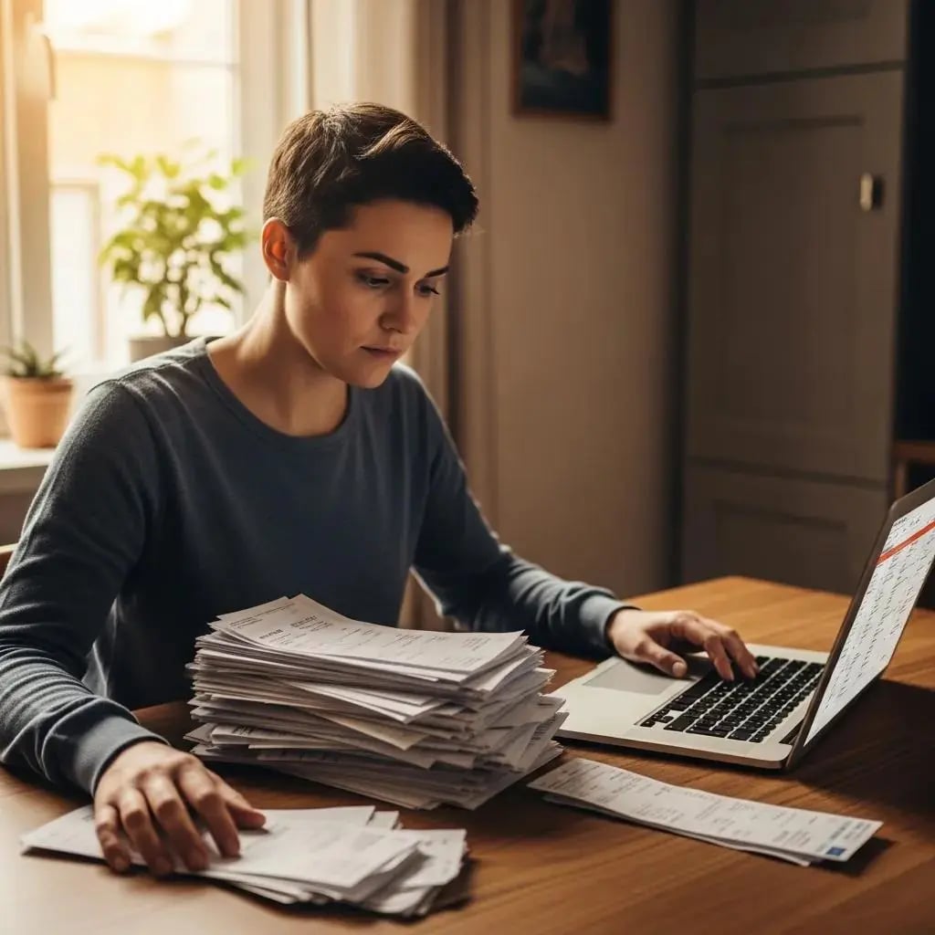 Individual contemplating non-dischargeable debts while reviewing bills at home, highlighting financial stress