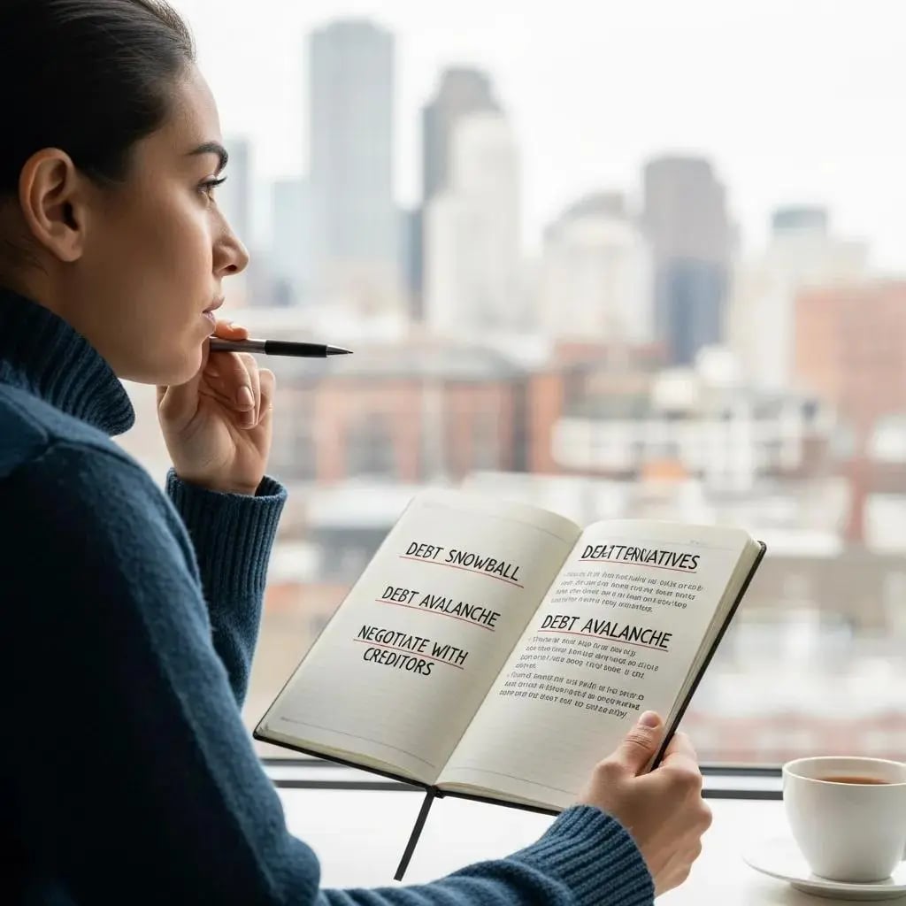 Person reflecting on financial options while looking out a window, representing debt relief alternatives