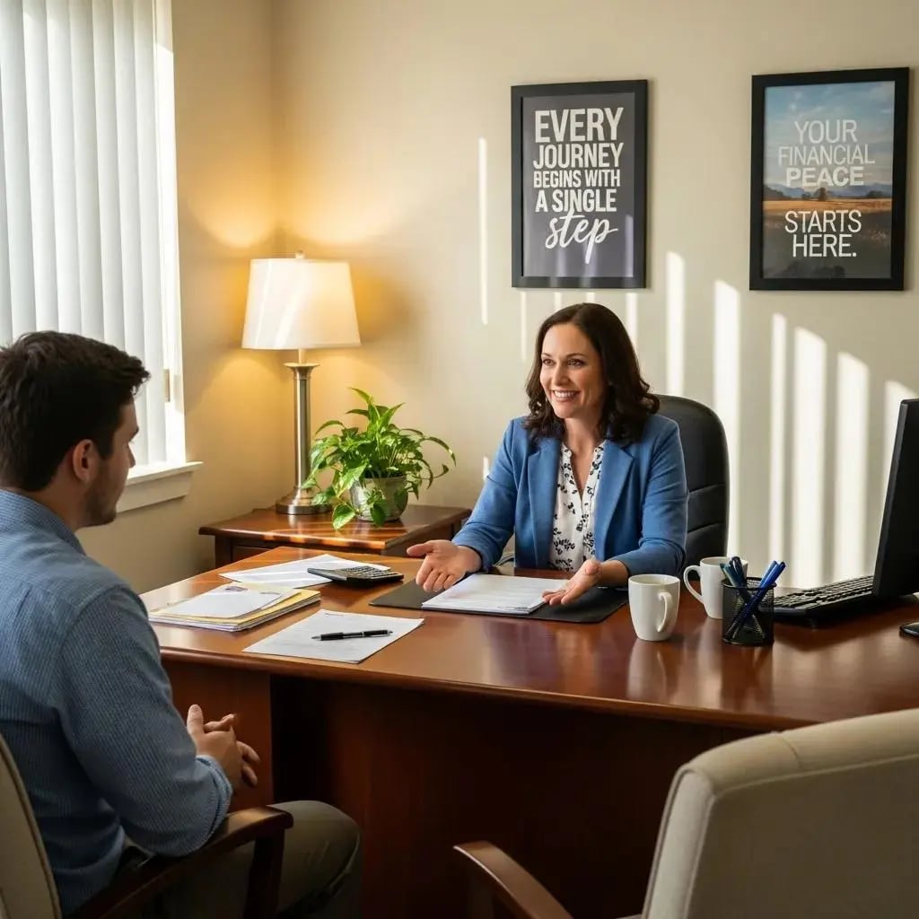 Credit counselor assisting a client in a supportive office environment, representing non-profit agency support for debt relief