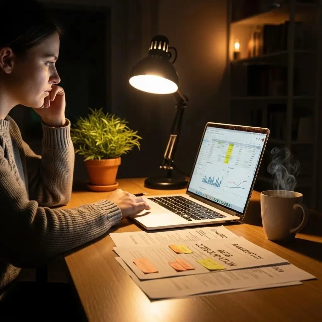 Cozy workspace with a person reviewing tax debt documents and a laptop
