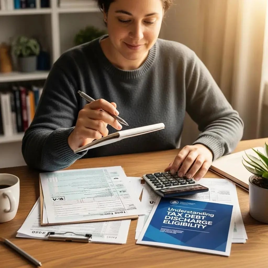Individual contemplating tax debt eligibility with financial documents