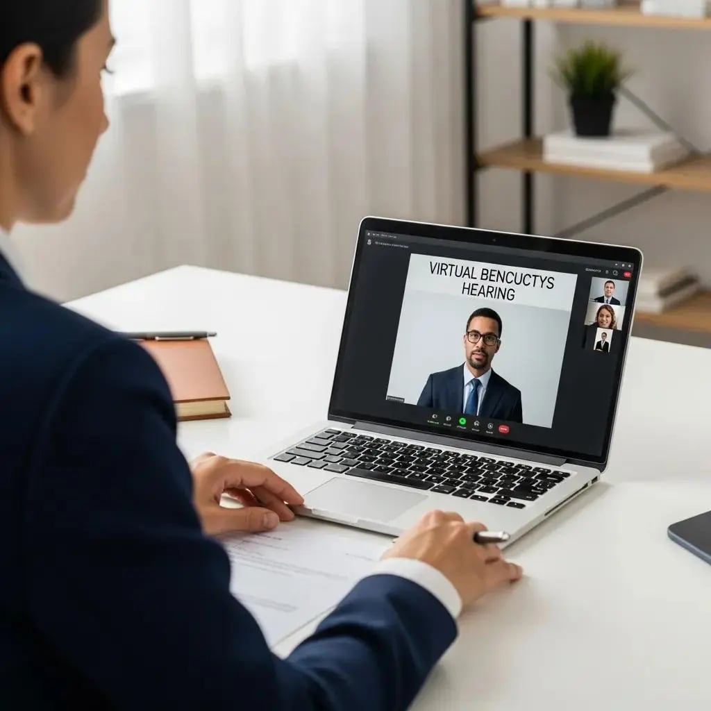 Individual attending a virtual bankruptcy hearing from home with a laptop