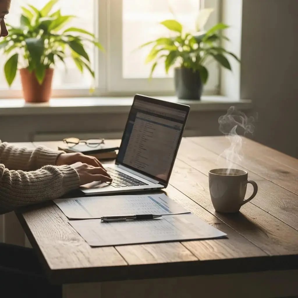 Cozy lifestyle scene of a person managing finances at a kitchen table with a laptop and coffee