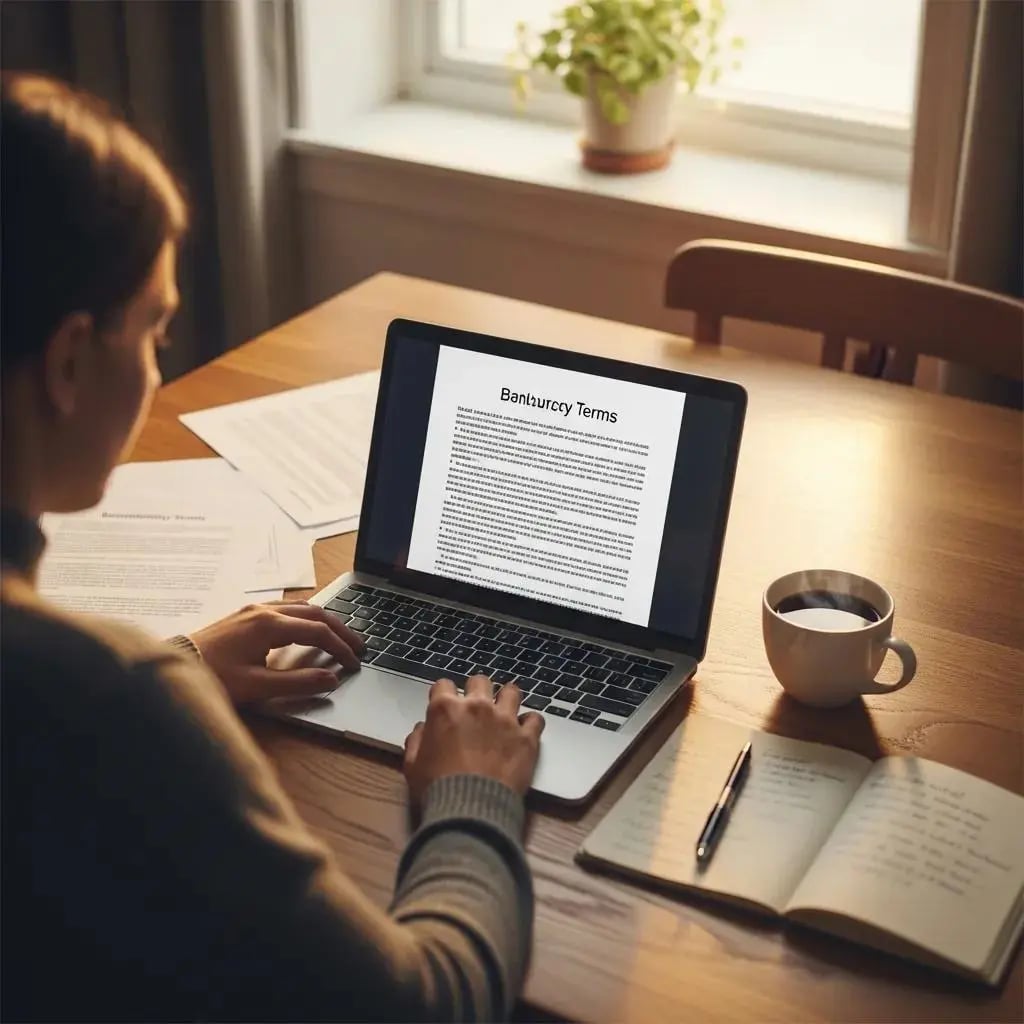 Cozy kitchen scene with a person reviewing bankruptcy documents on a laptop