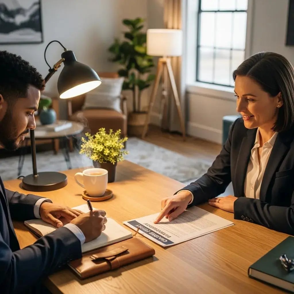 Client discussing Chapter 7 bankruptcy with a financial advisor in a cozy office