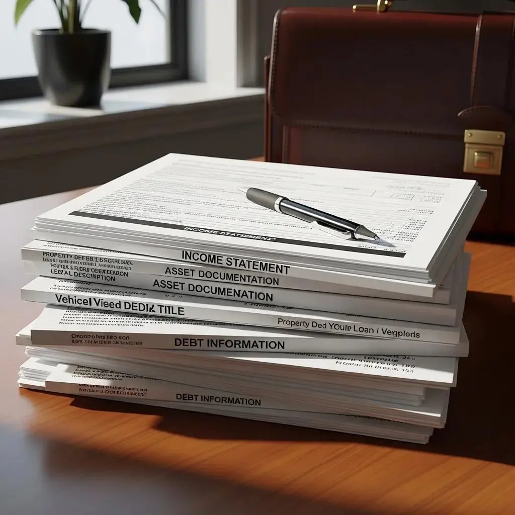 Organized stack of bankruptcy documents including income statements and asset documentation