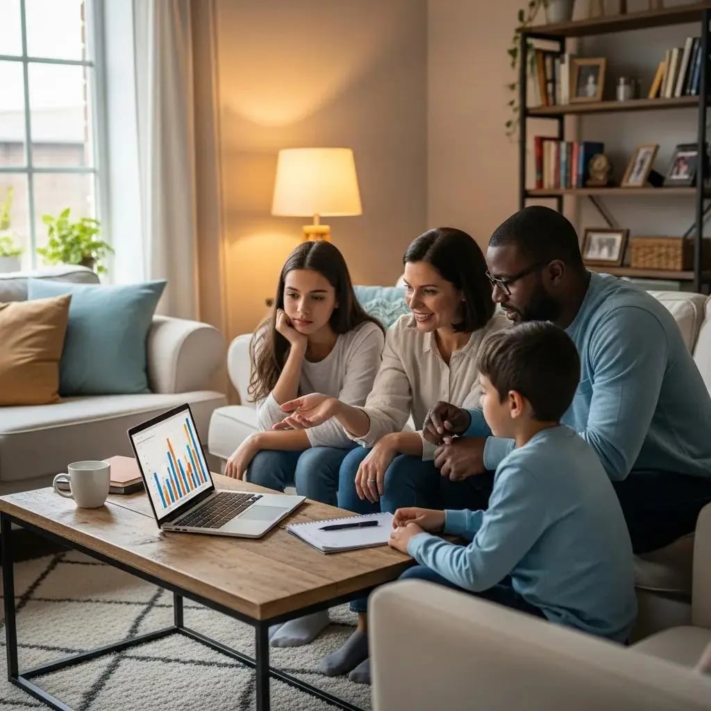 Family discussing home equity loans in a cozy living room setting
