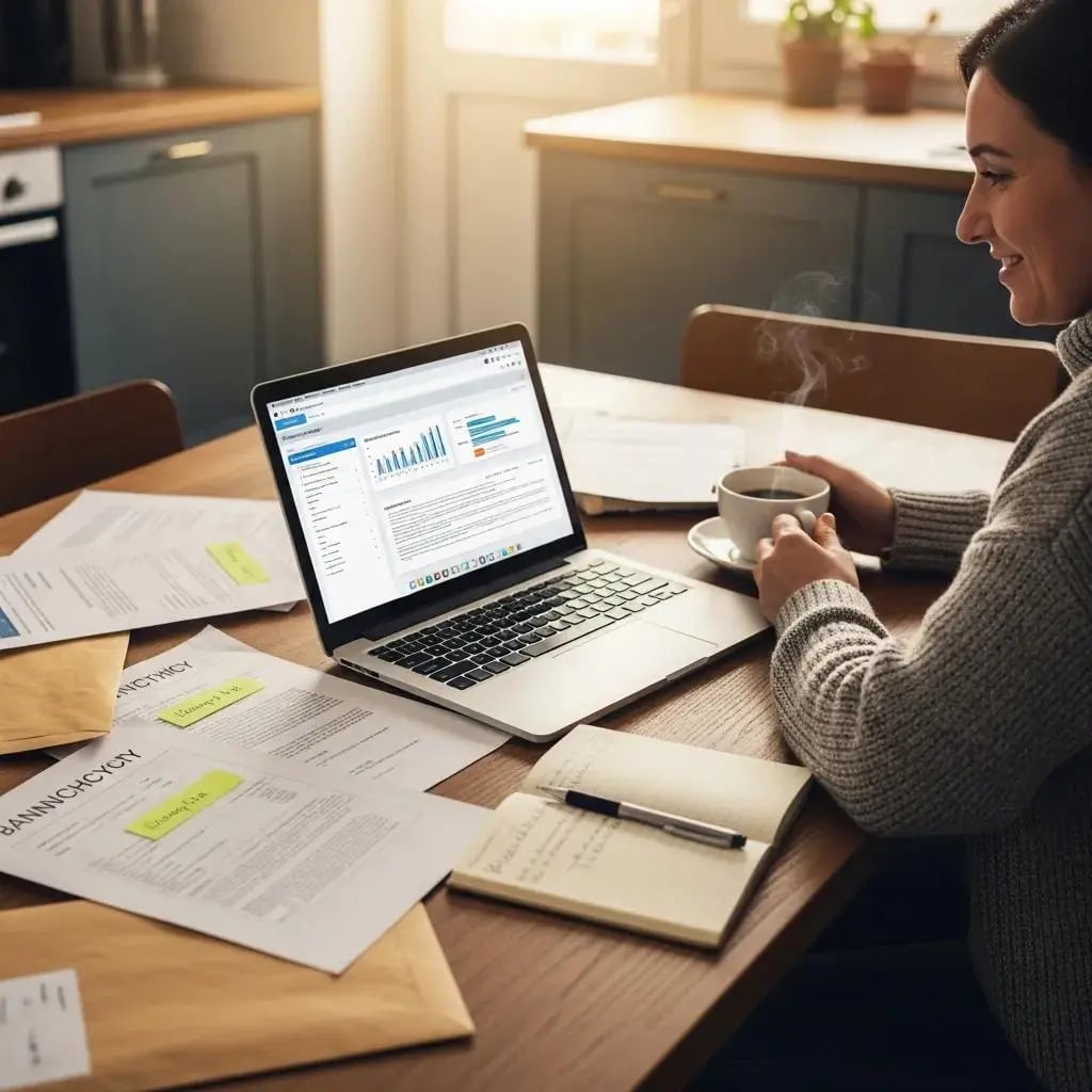 Woman reviewing bankruptcy documents on laptop, with coffee cup, surrounded by paperwork and notes, illustrating Chapter 7 bankruptcy assessment process.