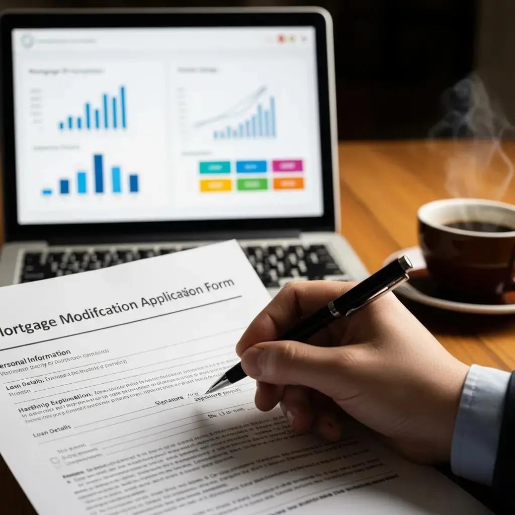 Homeowner preparing mortgage modification application with financial tools
