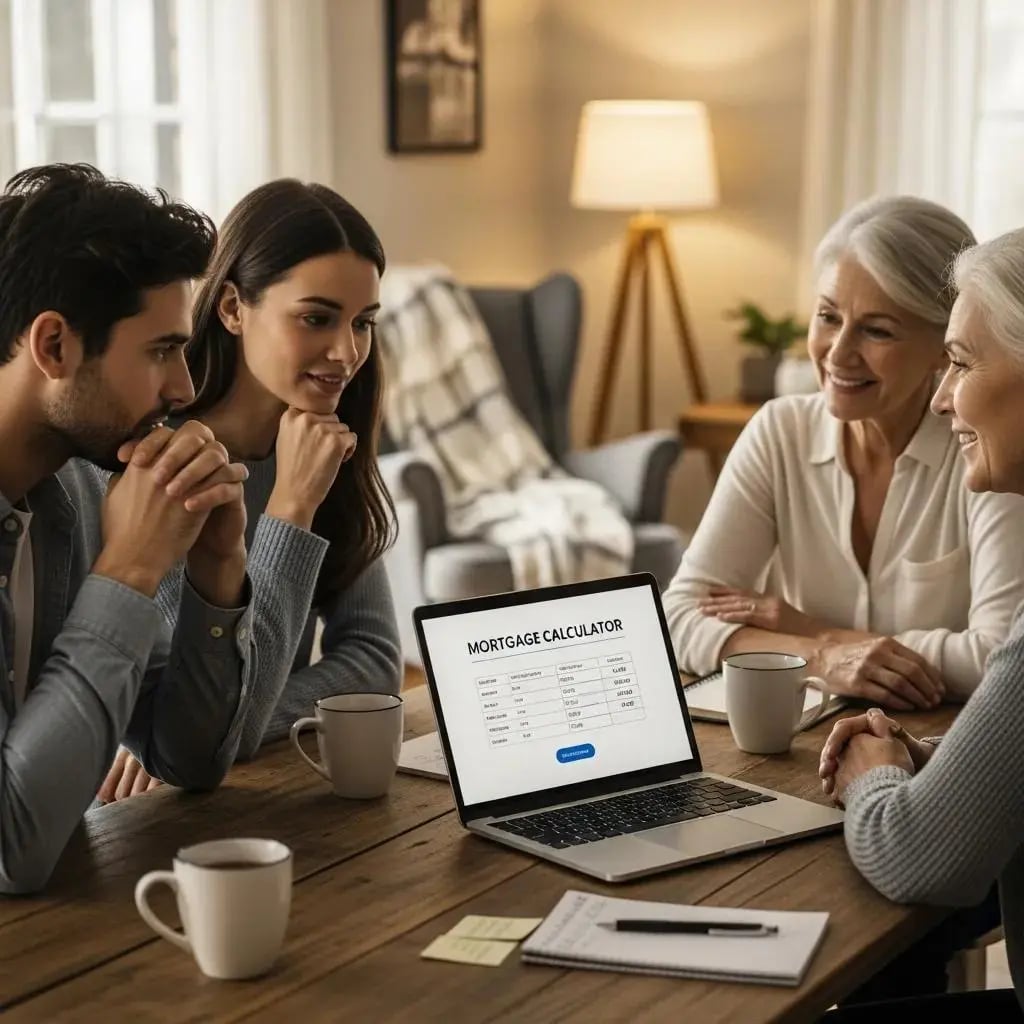 Family discussing mortgage options at home, emphasizing financial relief and support