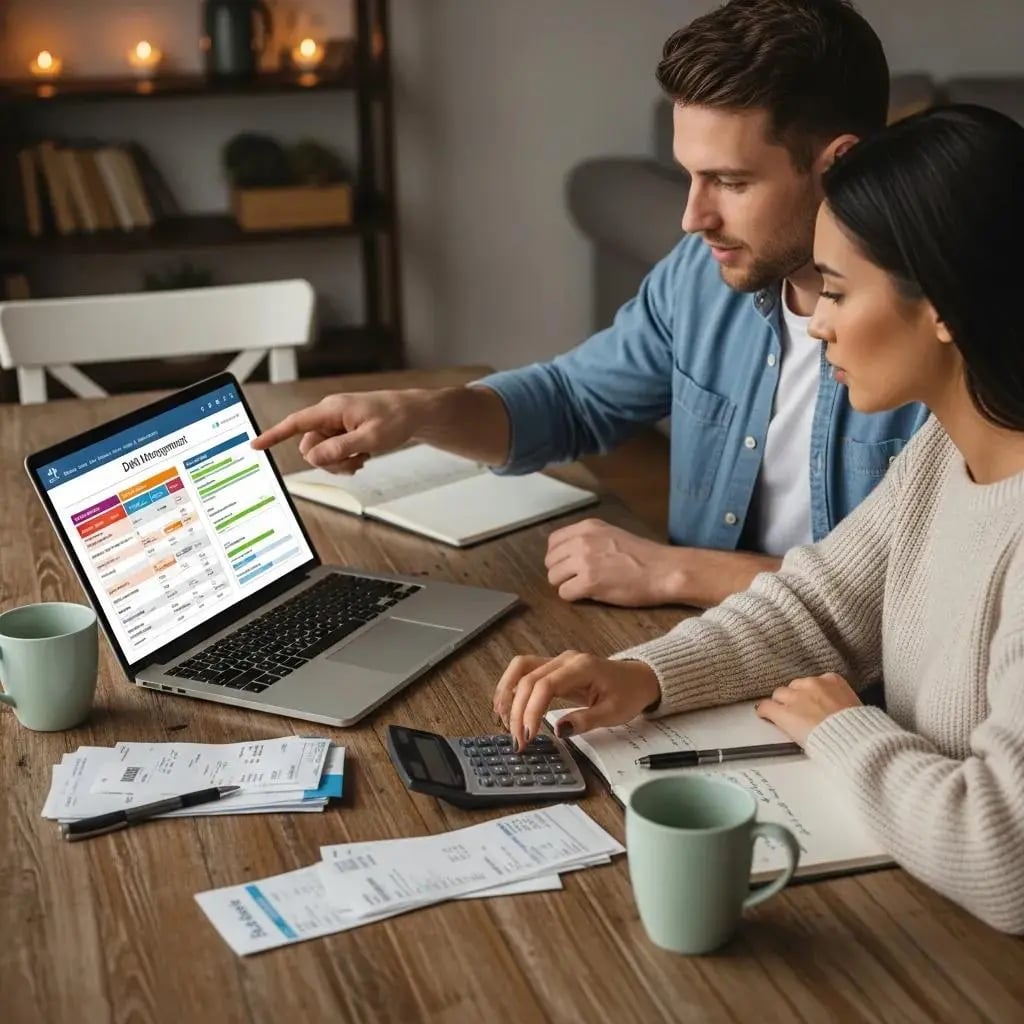 Couple discussing finances and debt management plan at a dining table