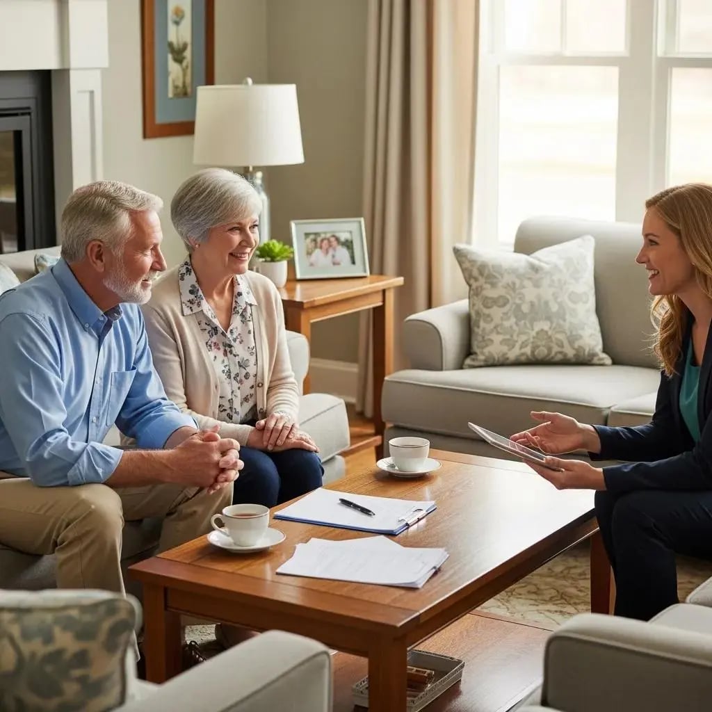 Senior couple discussing financial options in a cozy living room, representing reverse mortgages for debt relief