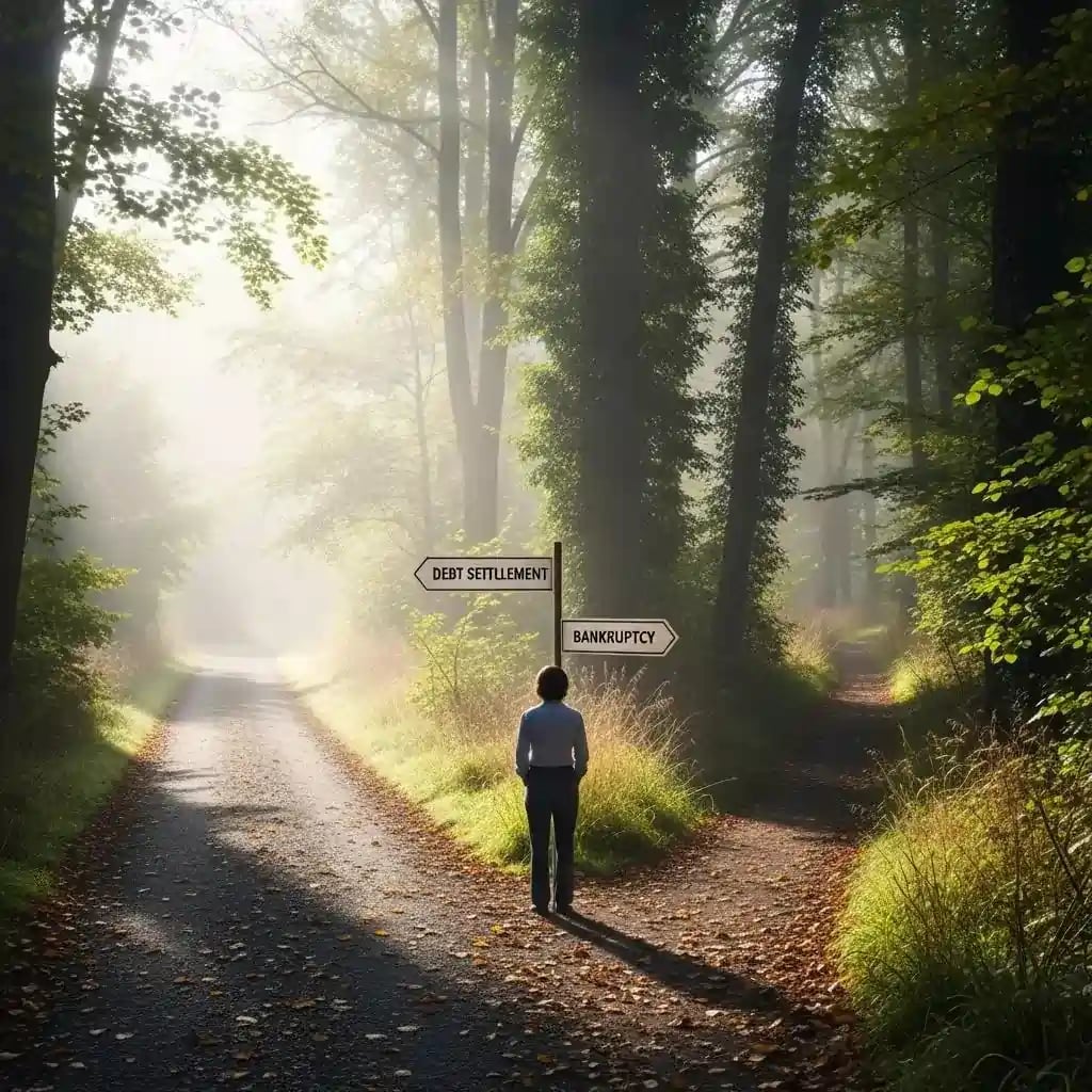 Two diverging paths in a serene setting, symbolizing the choice between debt settlement and bankruptcy