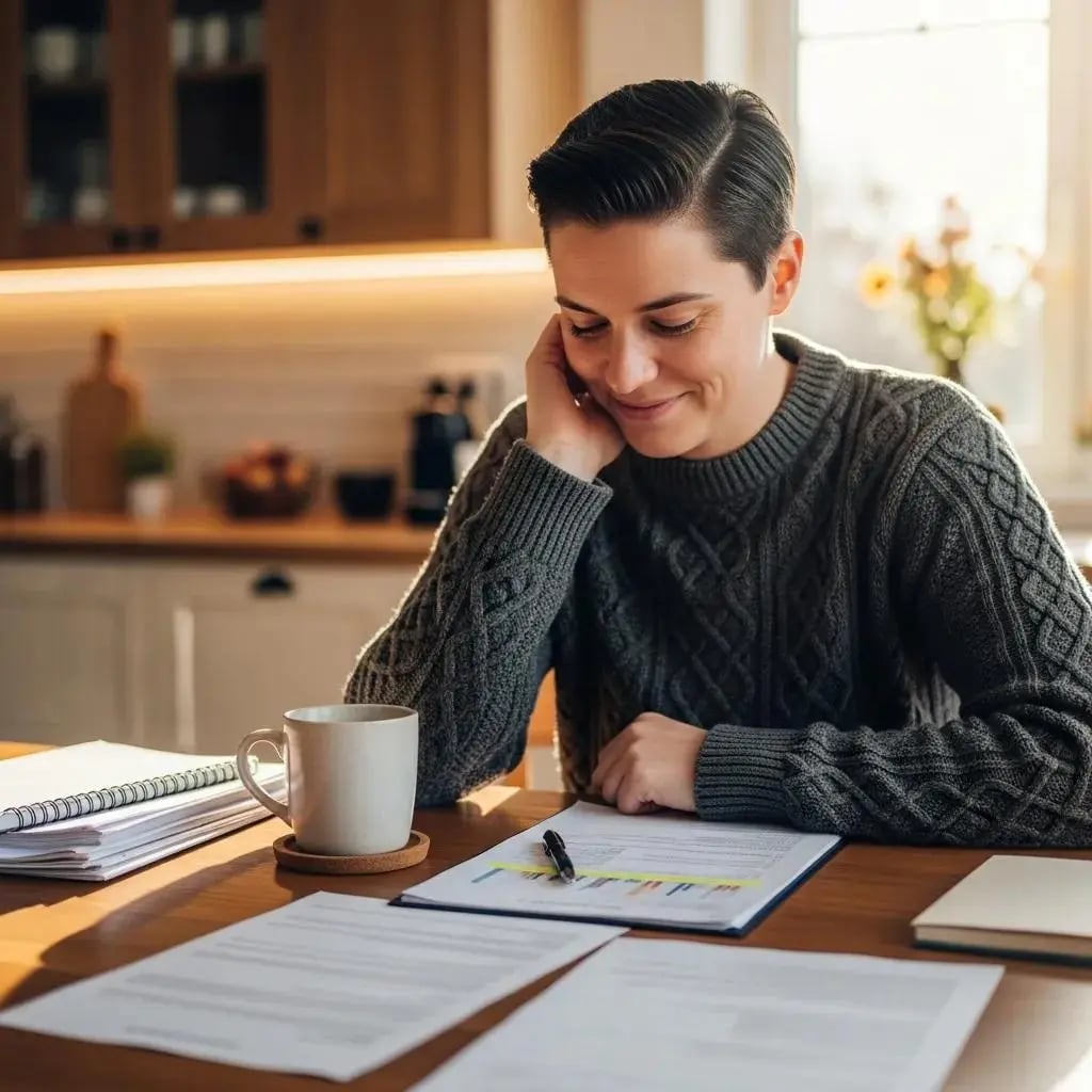 Person reviewing bankruptcy documents at a cozy kitchen table, symbolizing financial relief and clarity