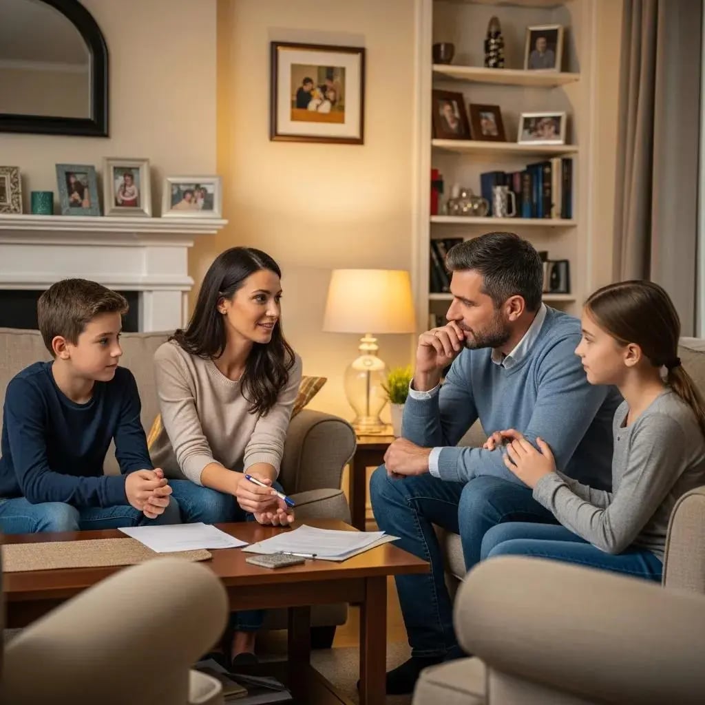 Family discussing financial situation in a cozy living room, highlighting the importance of asset protection during bankruptcy
