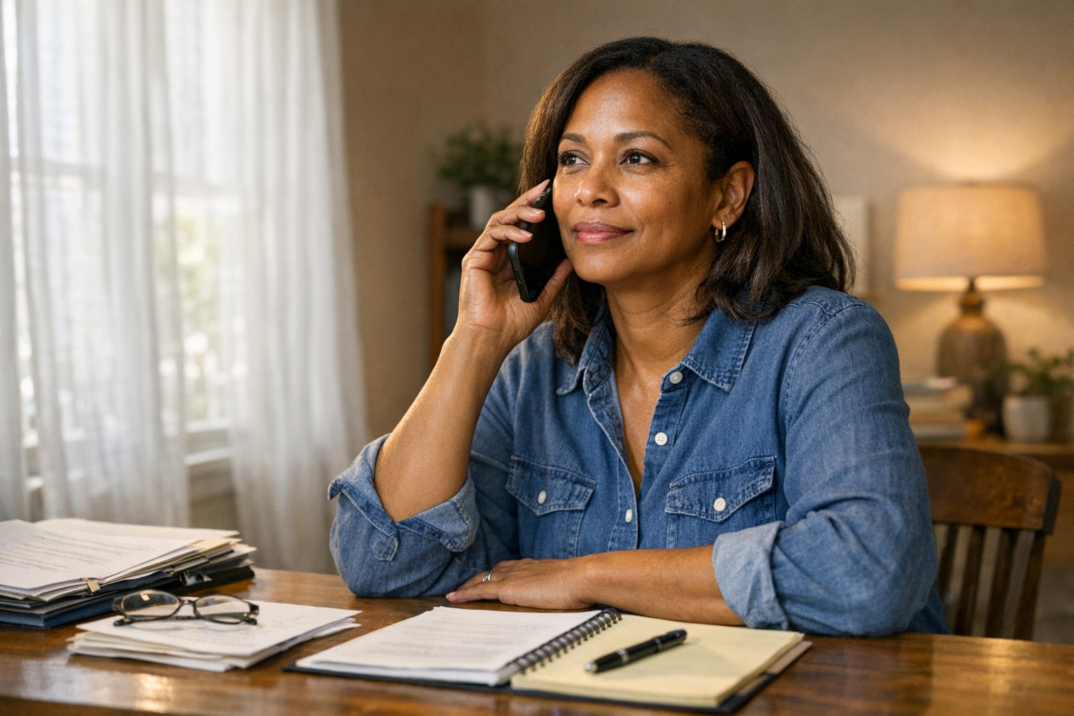 Person making a calm phone call with organized papers nearby