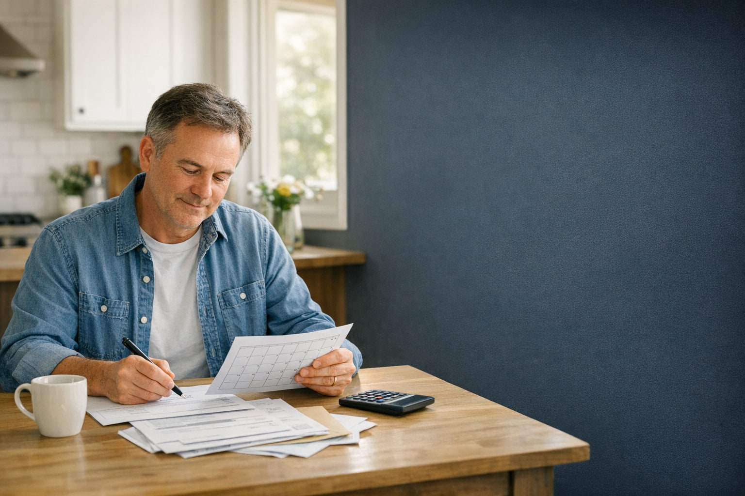 Person reviewing a calendar and payment paperwork at a kitchen table