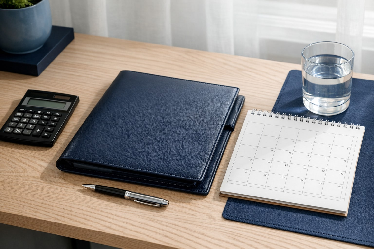 Organized payment records, calendar, and calculator on a desk