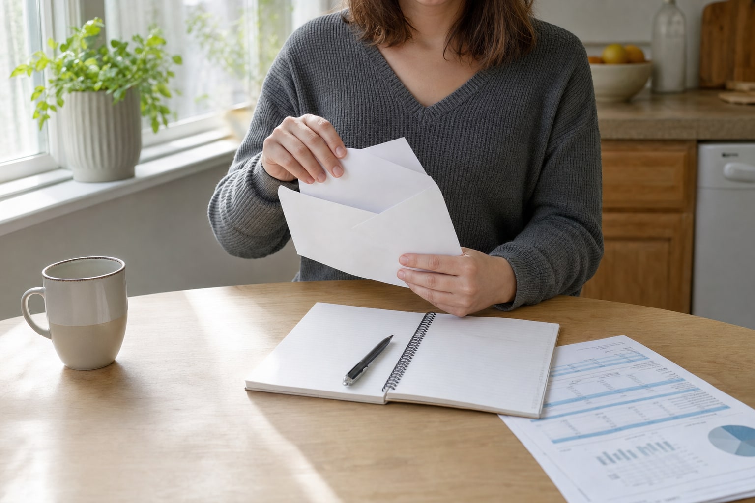 Person opening an envelope beside a notebook at a kitchen table