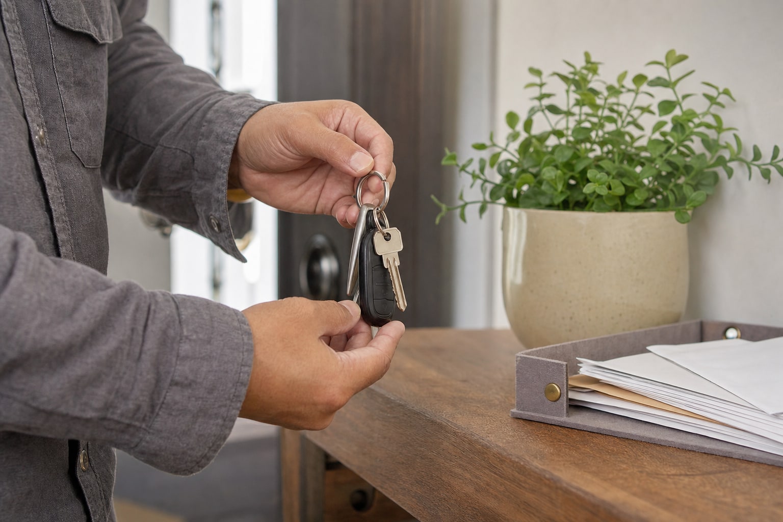 Person holding home and car keys by an entry table