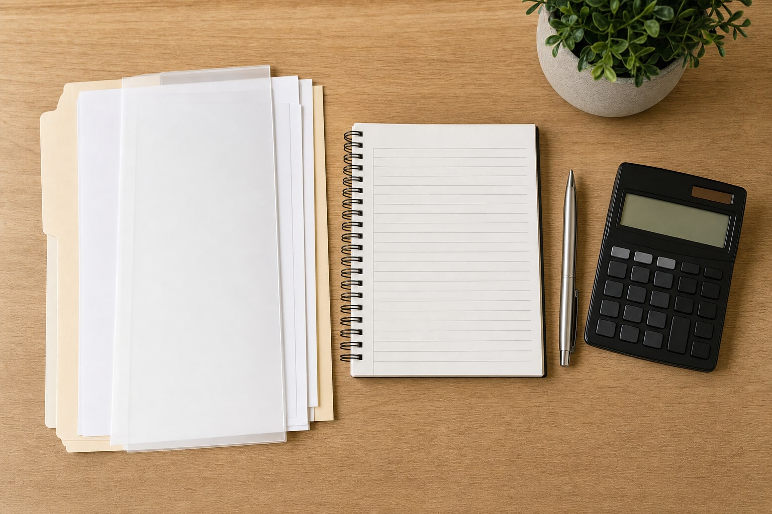 Organized folders, notebook, calculator, and pen on a desk