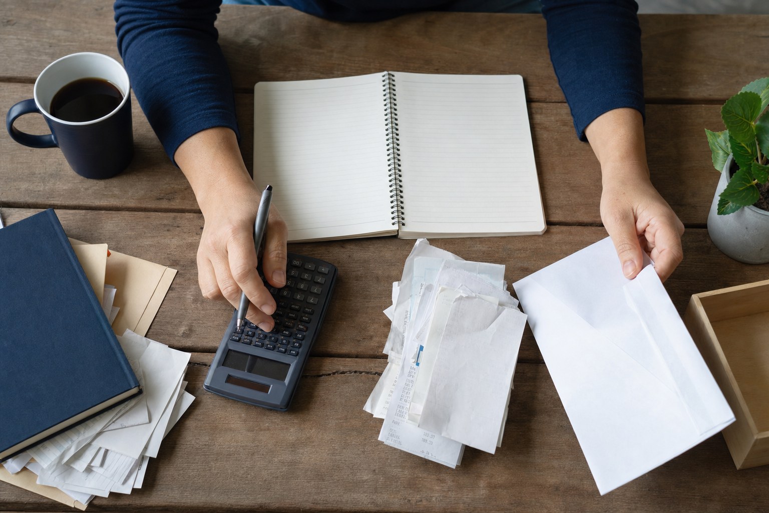Hands organising a calculator, envelopes, receipts, and a notebook