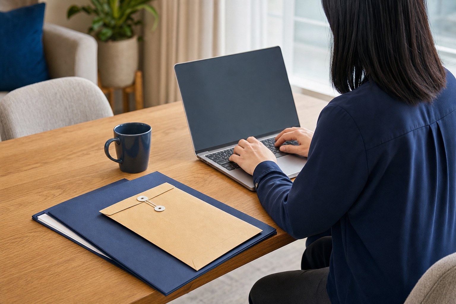 Person reviewing a laptop beside an organised folder and envelope
