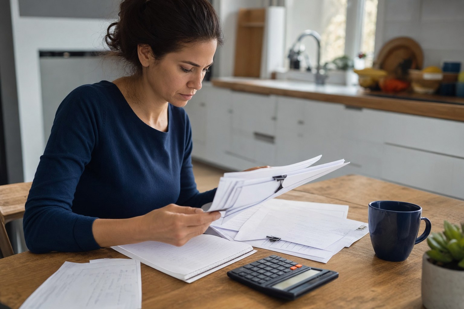 Person reviewing paperwork and a calculator at a kitchen table
