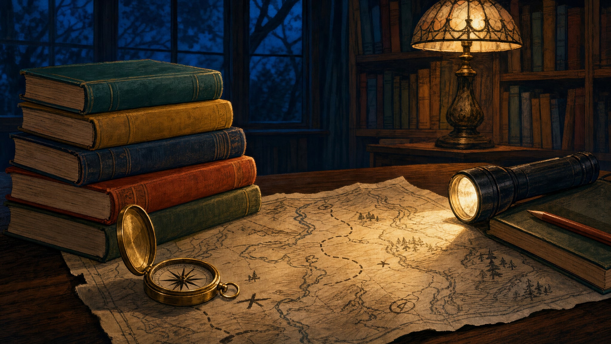 A stack of books, map, compass, and flashlight in a warmly lit library