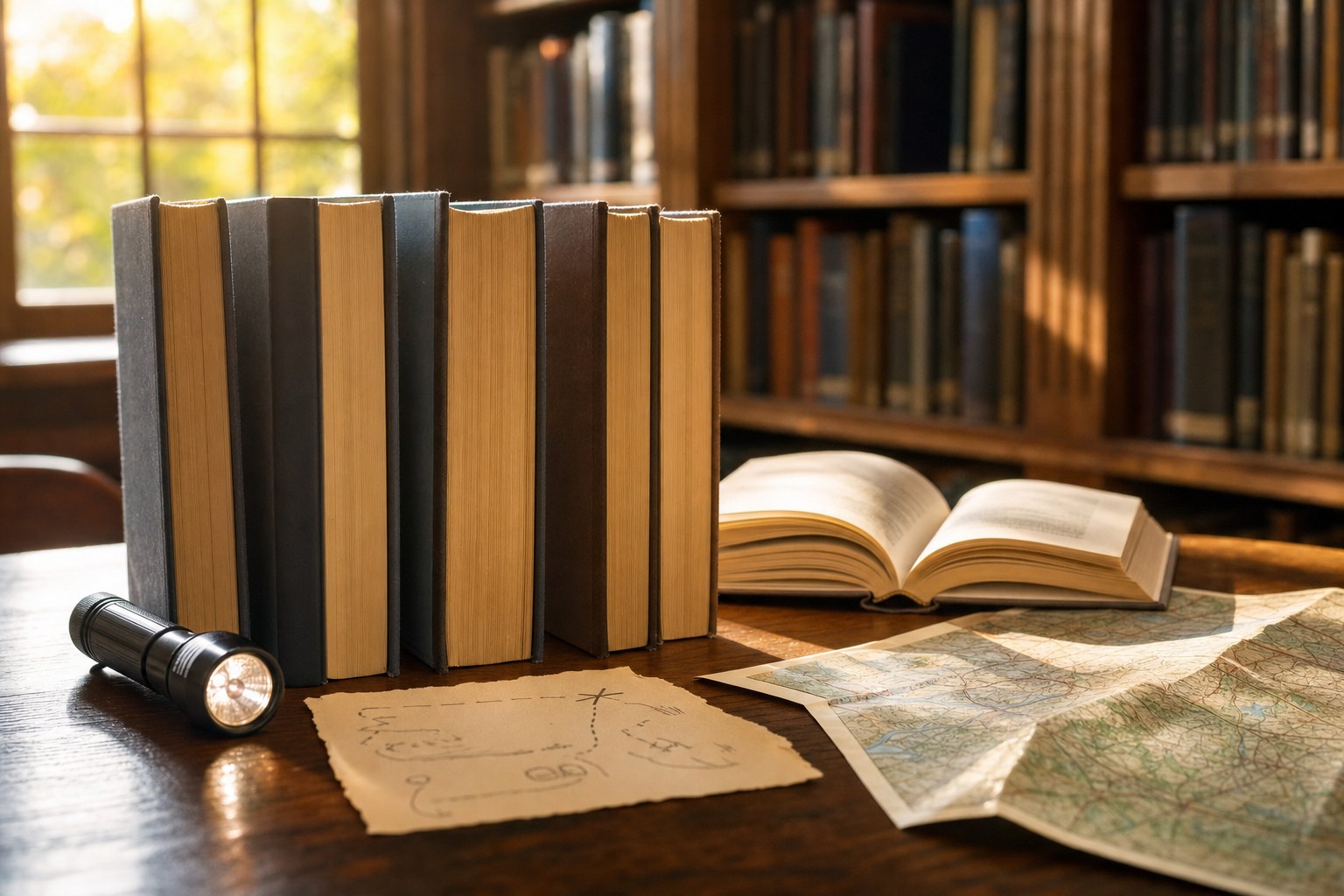 Mystery books, a flashlight, a hand-drawn clue card, and a map on a library table