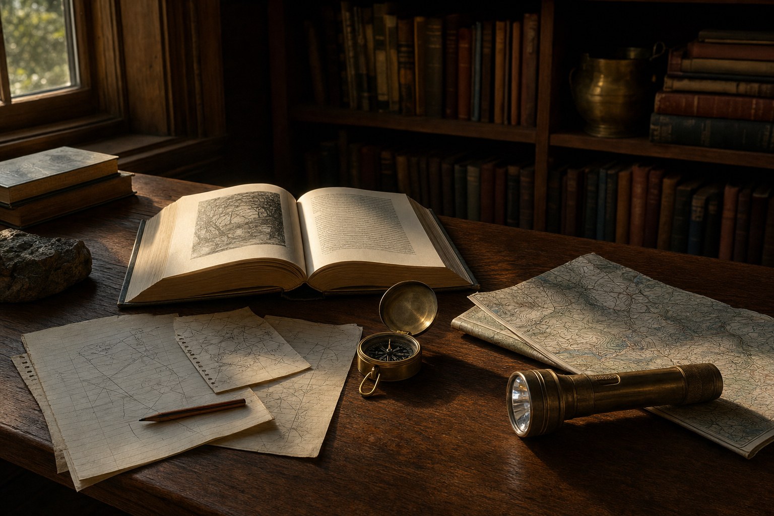 An open mystery book, maps, a compass, and a flashlight on a library table