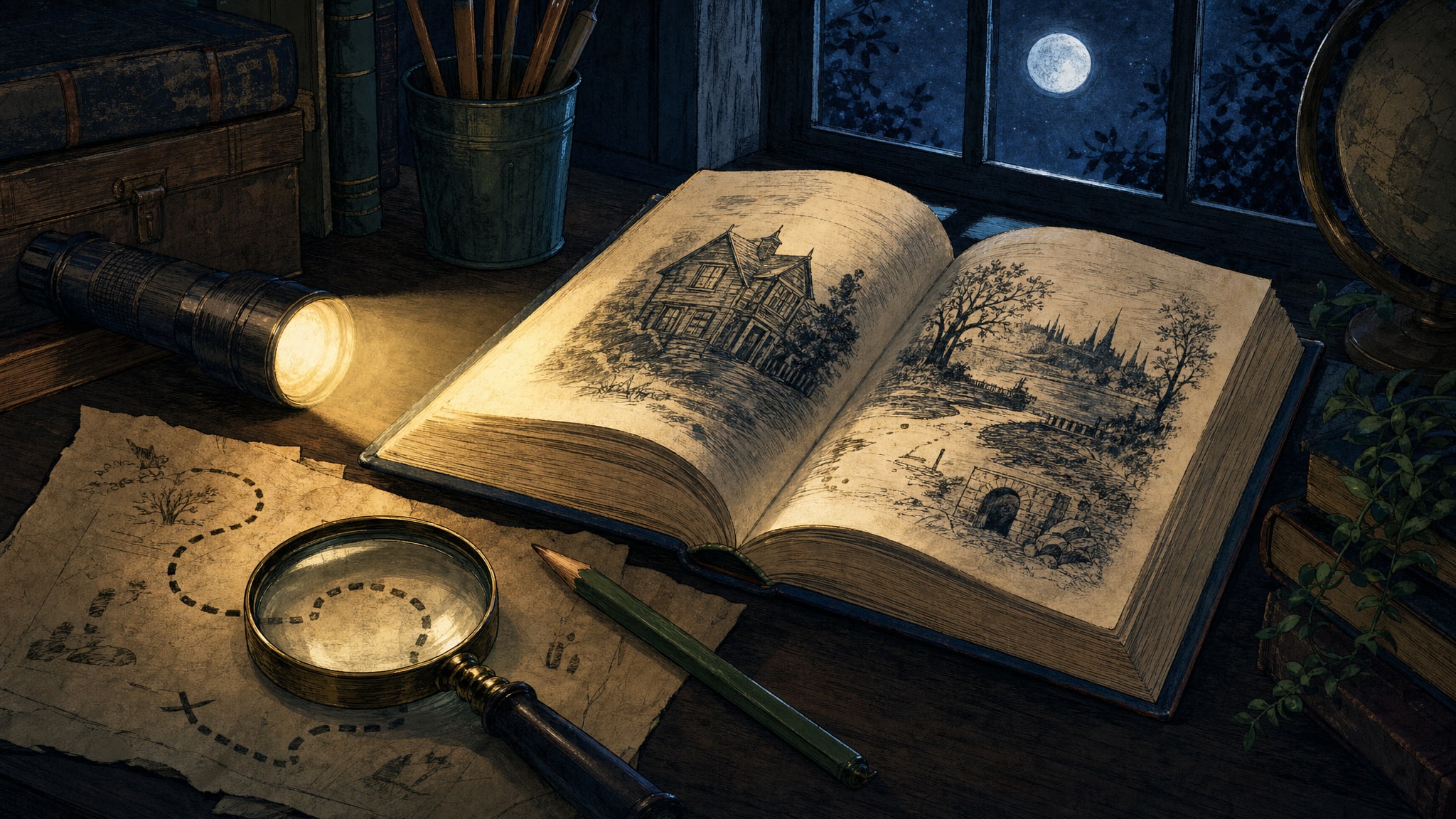 An open mystery book with a magnifying glass, map, and flashlight by a moonlit window